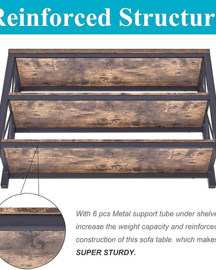 BON AUGURE Industrial Sofa Console Table for Entryway, 3 Tier Foyer Table for Hallway, Rustic Hall Tables Behind Couch (47 Inch, Rustic Brown)