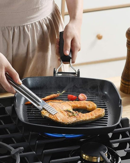 SKITCHN Grill Pan With Folding Handle, Nonstick for Stove Tops, Induction Compatible KBBQ With Pour Spouts, Indoor Square BBQ Grilling - 9IN