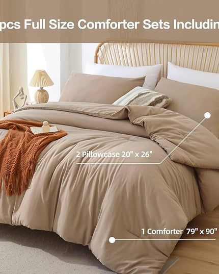 ROSGONIA Comforter Full Size for Girls Boys Teens Taupe Brown, 3pcs(1 Boho Tan Comforter & 2 Pillowcases), Lightweight Dorm Bedding All Season Bed Set