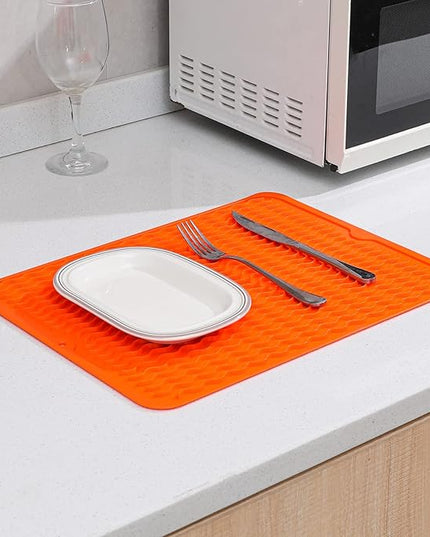 Silicone Dish Drying Mat for Multiple Usage,Easy clean,Eco-friendly,Heat-resistant Silicone Mat for Kitchen Counter or Sink,Refrigerator or drawer liner Orange L 16 inches x 12 inches