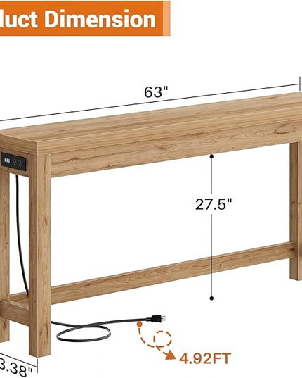 Cyclysio 63" Console Tables for Entryway, Long Console Tables for Living Room, Behind Couch Table, Sturdy Wood Support Farmhouse Entryway Table with 3AC+2USB Charging‌ Station, Natural Oak