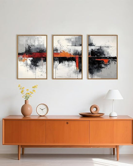 HOURIA Modern Abstract Framed Canvas Wall Art Set,Neutral Black and Orange Wall Decor,Textured Gray White Wall Painting,Pastel Strokes Art Prints for Living Room, Bedroom, Farmhouse-16 x24 x3