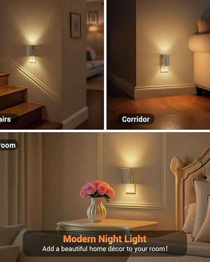 JandCase Night Lights Plug into Wall, Dimmable Gray Night Lights with Dusk to Dawn Light Sensor, Soft White 3000K, 0-100LM Adjustable Brightness Nightlight for Hallway Bathroom, 2 Pack