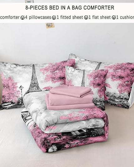 Bedbay Eiffel Tower Couple Bedding Comforter Set Bed in a Bag Queen Pink Paris Bed Set Girls Teen Women Bedroom Decor Aesthetic Soft Lightweight Comforter Queen Size 8 Pcs Down Alternative Duvet