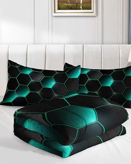 Geometric Black Green Neon Comforter Set,Light Honeycomb 3 Piece Bedding Set Twin for Teen Boys,Modern Bedding Quilt Set Geometry Decor,Microfiber Lightweight 1 Comforter 2 Pillowcases All Season
