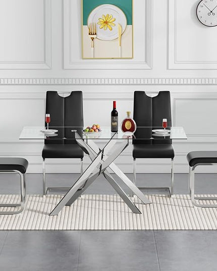 5 Piece Glass Dining Table Set, Glass Kitchen Dining Room Table Set for 4, Modern 51" Rectangular Silver Glass Metal Dining Table with 4 Black Leather Dining Chairs for Kitchen Dining Room