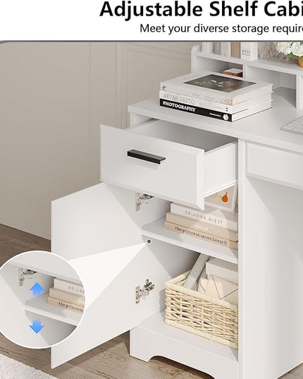 Executive Desk with Hutch, 58 Inch White Computer Desk with 5 Drawers, Home Office Desk with Storage, Rustic Desk with Adjustable Shelves and Storage Cabinet for Bedroom