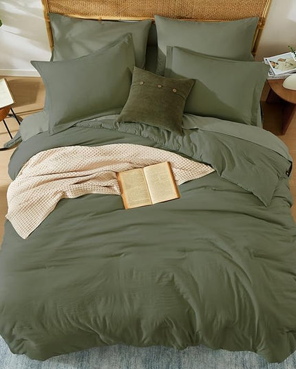 WRENSONGE Oversized Queen Comforter Set - 7 Pieces Olive Green Bed in a Bag Queen with Sheets, 2 Pillow Shams, and 2 Pillowcases- Warm Bedding Sets Queen for All Season