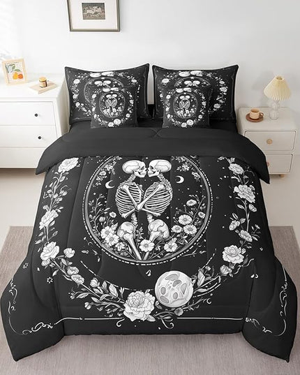 Feelyou Sun and Moon Comforter Set King Size 7 Pieces Comforters Gothic Skull Skeleton Bedding Set Rustic Garden Flower Bed Set Bed in a Bag with Comforter, Sheets, Pillowcases & Cushion Covers