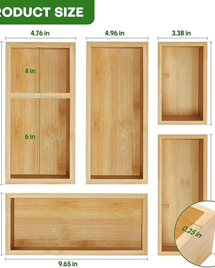 Bamboo Drawer Organizer Set, 5 PCS Multi-Use Individual Wood Storage Organizers, Junk Drawer Divider and Storage Trays Containers for Kitchen, Bathroom, Office Desk, Makeup, Jewelry, Utensils
