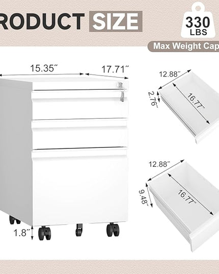 File Cabinet,3 Drawer File Cabinet with Lock,Metal Filing Cabinets with Wheels Under Desk,Small Moblie File Cabinets for Home Office,School,Letter/Legal/A4 Size,White