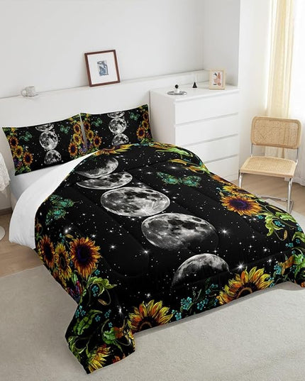 Manfei Sunflower Comforter Set, Moon Planet Starry Sky Galaxy Universe Bedding Set 3pcs for Kids Teens Adult Room Decor,Floral Trippy Quilt Set Soft Black Duvet Insert with 2 Pillowcases, Full Size