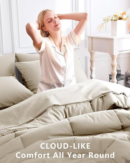 CozyLux Full Size Comforter Sets Oatmeal, 7 Pieces Bed in a Bag, Oatmeal Comforter Full Size, All Season Bedding Sets with Stitch Quilted Comforter, Flat Sheet, Fitted Sheet, Pillowcases