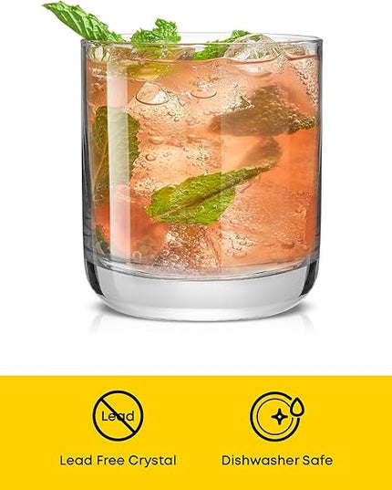 JoyJolt Faye Crystal Whiskey Glasses, Lowball Glasses Set of 6, 10oz Short Glass Tumbler, Double Old Fashioned Rocks Glass for Scotch or Bourbon, Dishwasher Safe Glassware