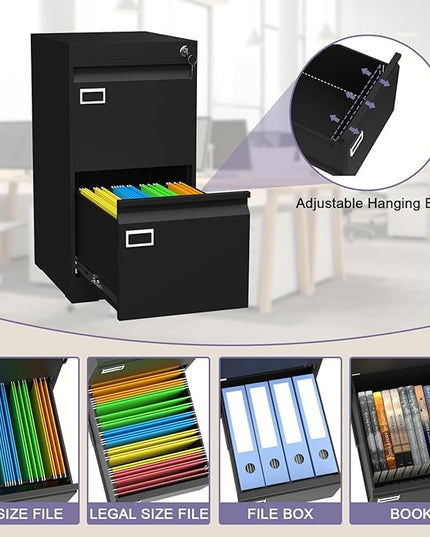 2 Drawer Metal File Cabinet with Lock, Black Locked Filing Cabinets, Vertical Small File Cabinet with Key, Under Desk Filing Cabinets for Home Office