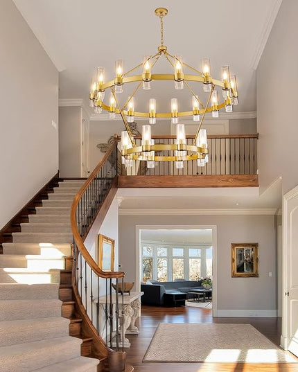 48" Modern High Ceiling Chandelier, 2 Tier Wagon Wheel Chandelier with Glass Shade, 24-Lights Large Round Modern Farmhouse Pendant Lighting Fixture for Dining Room, Living Room, Kitchen, Foyer