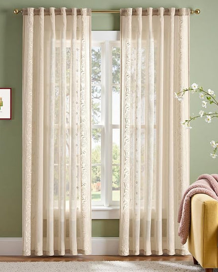 jinchan Winslow Beige Sheer Curtains 84 Inch for Bedroom Living Room Embroidered Bordered Floral Nursery Curtains for Playroom Dorm Light Filtering, Ivory on Beige, 2 Panels, 50W x 84L