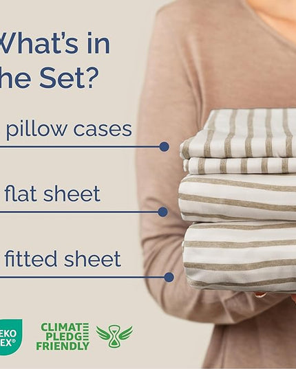 Queen Size 4 Piece Sheet Set - Comfy Breathable & Cooling Bed Sheets Set - Hotel Luxury Bedding for Women, Men, Kids, Teens, Boys & Girls - Deep Pockets and Wrinkle Free - Oeko-Tex - Beige Stripes 2