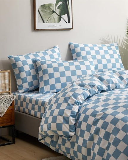 CLOTHKNOW Blue White Plaid Twin/Twin XL Comforter Set 3Pcs Grid Bedding Comforter Sets Blue Comforter Soft Lake Blue Comforter Sets Twin