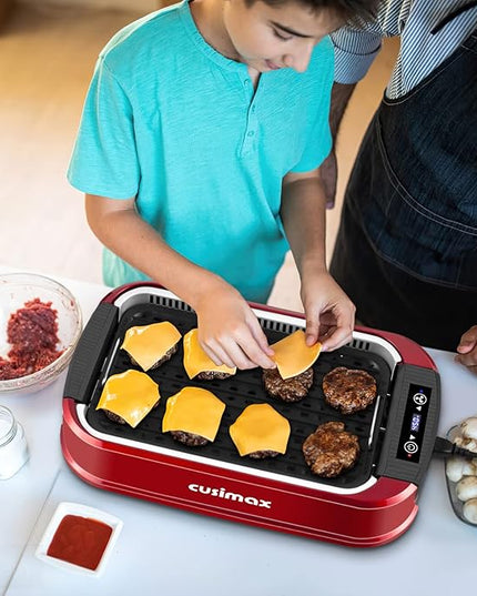 Indoor Grill, CUSIMAX Smokeless Grill Indoor, Electric Griddle, 1500W Korean BBQ Grill with LED Smart Display & Tempered Glass Lid, Non-stick Removable Plate & Griddle Plate, Red