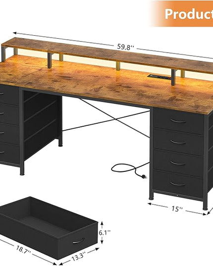 60 Inch Computer Desk with 8 Fabric Drawers, Gaming Desk with LED Lights & Power Outlets, Home Office Desk with Monitor Stand, Rustic Brown