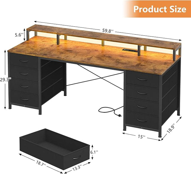 60 Inch Computer Desk with 8 Fabric Drawers, Gaming Desk with LED Lights & Power Outlets, Home Office Desk with Monitor Stand, Rustic Brown