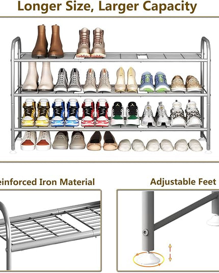 LINZINAR Shoe Rack 3 Tier Long Metal Shoe Organizer for Closet Entryway Grey