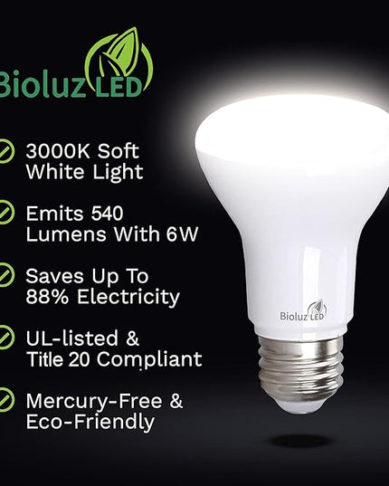 Bioluz LED Light Bulb BR20 Light Bulbs 3000K Bright Soft White LED Bulbs 6W=50W Replacement 90 CRI 540 Lumen Indoor/Outdoor UL Listed CEC Title 20 Compliant Home Decor LED Lights for Bedroom - 20 Pack