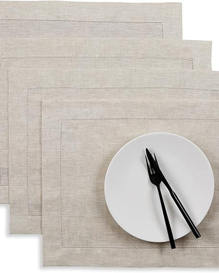 Solino Home Linen Placemats Set of 4 - Classic Hemstitch Light Natural Placemats 14 x 19 Inch - 100% Pure Linen Table Mats for Christmas, Holiday, New Year