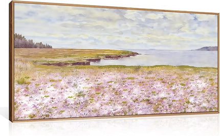 HOURIA Watercolor Pink Floral Coastal Landscape Framed Canvas Wall Art Set,Nature Inspired Wildflower & Meadow Cottage Field Wall Decor,Modern Seaside Beach Artwork for Living Room,Farmhouse-20"x40"x1