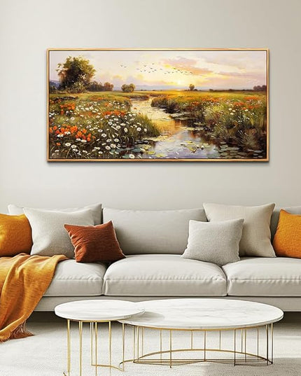 PHAOHUAXM Canvas Wall Art For Living Room Wall Decor For Bedroom Watercolour Painting Office Decoration Countryside Sunrise Scenery Wall Picture Printing Artwork Home Decor Wood Framed 24x48 In