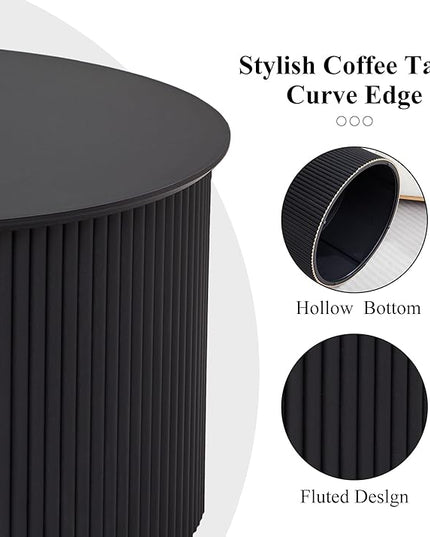 Fluted Round Nesting Coffee Table Set of 2, Mid Century Modern Wood Coffee Table and End Table Set, Minimalist Center Tables Circle Side Table for Living Room, Office(Black