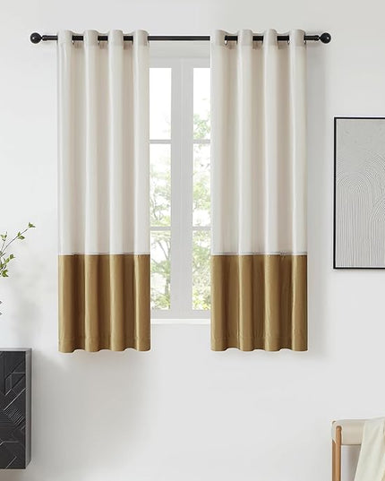 BULBUL Color Block Window Curtains Panels 63 inches Long Cream Ivory Gold Velvet Farmhouse Drapes for Bedroom Living Room Darkening Treatment with Grommet Set of 2