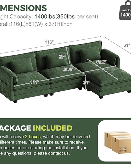 ELUCHANG 116" L Shaped Modular Sectional Cloud Couch with Pillow, Deep Seat Sofa Couches for Living Room, 4-Seat Modern Sofa with Movable Ottoman, Chenille Olive Green