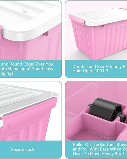 Nazhura Plastic Storage Bin, Stackable and Nestable Storage Boxes with White Lids and Secure Latching Buckles, Large Storage Container (Pink/White, 72Quart-6Pack)