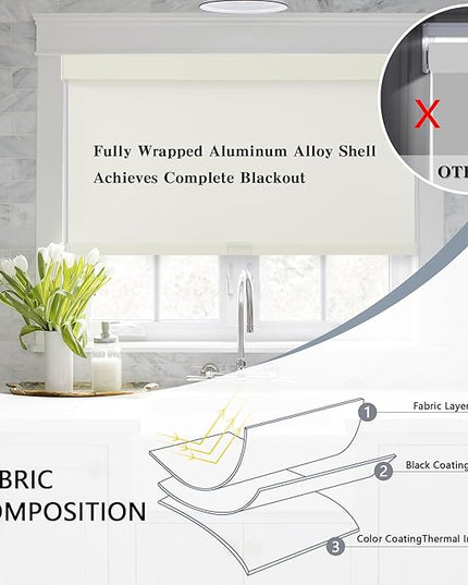 AOSKY Blackout Roller Shades Cordless Blinds for Windows, Free-Stop Shades with Valance, Thermal Insulated Fabric, UV Protection, Natural Woven Blinds for Home and Office (71" W x 72" H, Ivory)