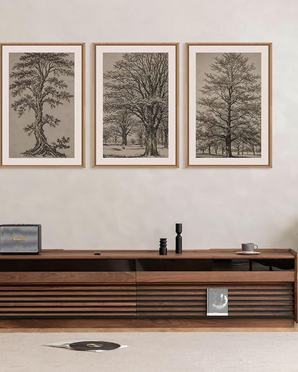 HOURIA Vintage Tree Sketch Framed Canvas Wall Art Set,Natural Brown and Gray Woodland Wall Decor,Mid Century Nature Forest Artwork,Textured Botanical Art Print for Living Room,Bedroom,Office-16"x24"x3