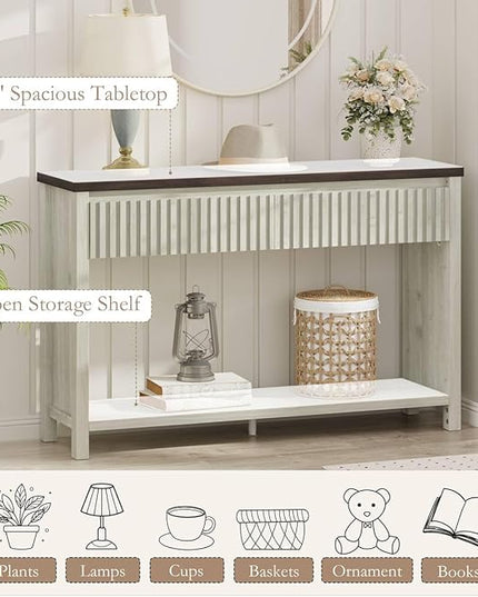 BON AUGURE Entryway Table with Storage, 47In Console Table with 2 Drawers, Two-Tier Sofa Console Tables for Living Room, Modern Hallway Tables, Walnut and Washed Grey Oak