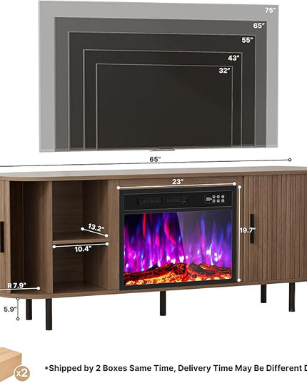 65" Fluted Fireplace TV Stand for TVs Up to 75 inches, Modern Entertainment Center with 23" Electric Fireplace, Wooden Curved TV Console with Sliding Doors for Living Room, Walnut