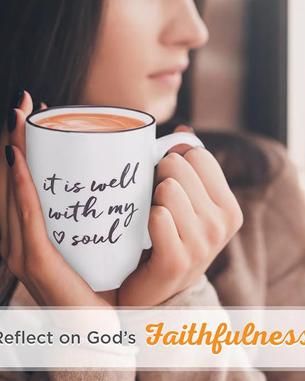 Christian Art Gifts Microwave & Dishwasher Safe Encouraging Ceramic Coffee & Tea Mug for Women & Men: It is Well With My Soul Inspirational Non-toxic Novelty Heart Beverage Cup, White & Black, 12 oz.