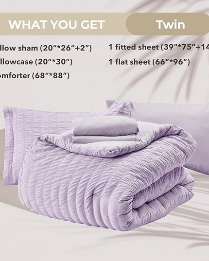 HYMOKEGE Lavender Twin Comforter Set Seersucker 5 Pieces, All Season Luxury Bed in a Bag for Bedroom, Bedding Set with Comforters, Sheets, Pillowcase & Shams