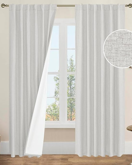 LAMIT 100% Blackout Linen Curtains, 84 Inches Linen Textured Living Room Farmhouse Curtains Thermal Insulated Back Tab and Rod Pocket Burlap Panels with White Liner, 2 Panels, 52 x 84 Inch