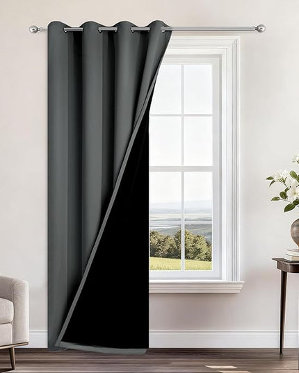 Yakamok 100% Blackout Curtains 96 Inches Long, 2 Thick Layers Heat and Full Light Blocking Soft Thermal Insulated Drapes for Bedroom(52" Wide Each Panel, Dark Grey, 1 Panel)