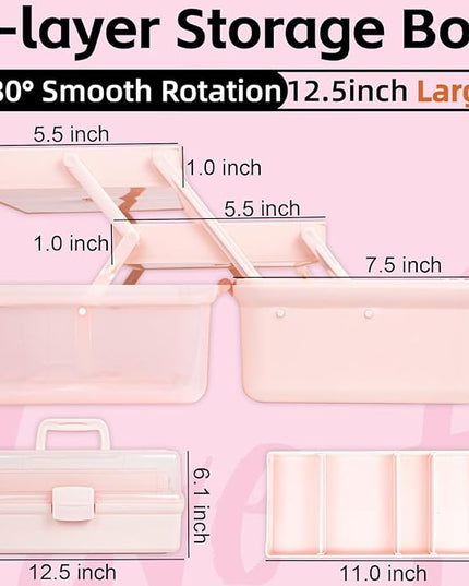 12.5in 3-Layer Multipurpose Craft Organizers and Storage with Adjustable Dividers, Portable Tackle Box, Folding Art & Craft Case for Medicine, Tool, Sewing Organizer (Pink)