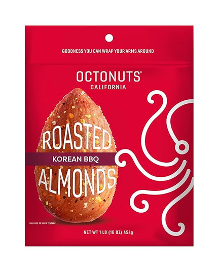 Octonuts Dry Roasted Korean BBQ Almonds – 16oz Resealable Bag - Healthy Snack for Adults and Kids - Plant Protein with Fiber, Calcium & Iron - Low Carb, Low Calorie - Non-GMO, Gluten Free Snacks