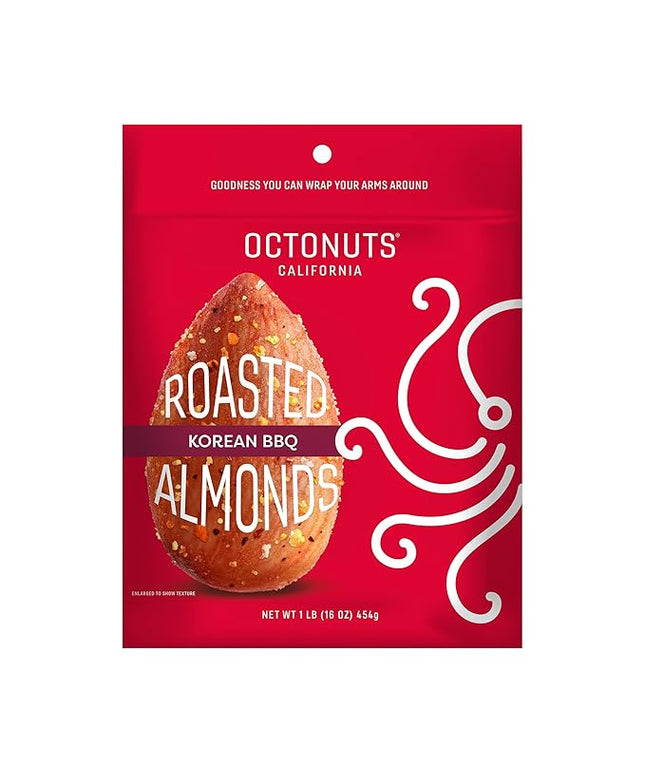 Octonuts Dry Roasted Korean BBQ Almonds – 16oz Resealable Bag - Healthy Snack for Adults and Kids - Plant Protein with Fiber, Calcium & Iron - Low Carb, Low Calorie - Non-GMO, Gluten Free Snacks