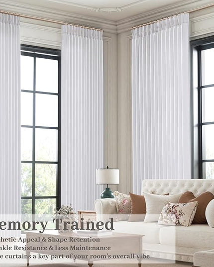 Pinch Pleated 90 Inch Long White Linen Curtains for Living Room, Light Filtering Pleat Drapes Bedroom Boho Window Memory Shaped Curtain for Track System Back Tab and Hooks 2 Panels