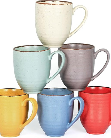 Coffee Mugs Set Of 6, 14 Oz Large Handle Heavy Duty Cups - Microwave Dishwasher Safe - Latte, Cappuccino, Tea, Cocoa, Mocha - Men, Women, Home Office Daily Use, Matt Assorted Colors
