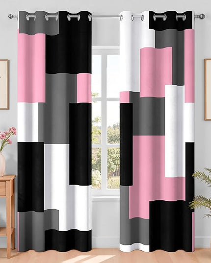 Pink 100% Blackout Curtains for Bedroom 108 inch Extra Long 2 Panels Set Black White Grey Modern Abstract Geometric Black Out Curtains Room Darkening Window Drapes for Living Room, 52Wx108L
