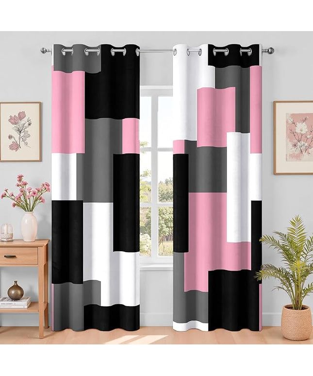 Pink 100% Blackout Curtains for Bedroom 108 inch Extra Long 2 Panels Set Black White Grey Modern Abstract Geometric Black Out Curtains Room Darkening Window Drapes for Living Room, 52Wx108L